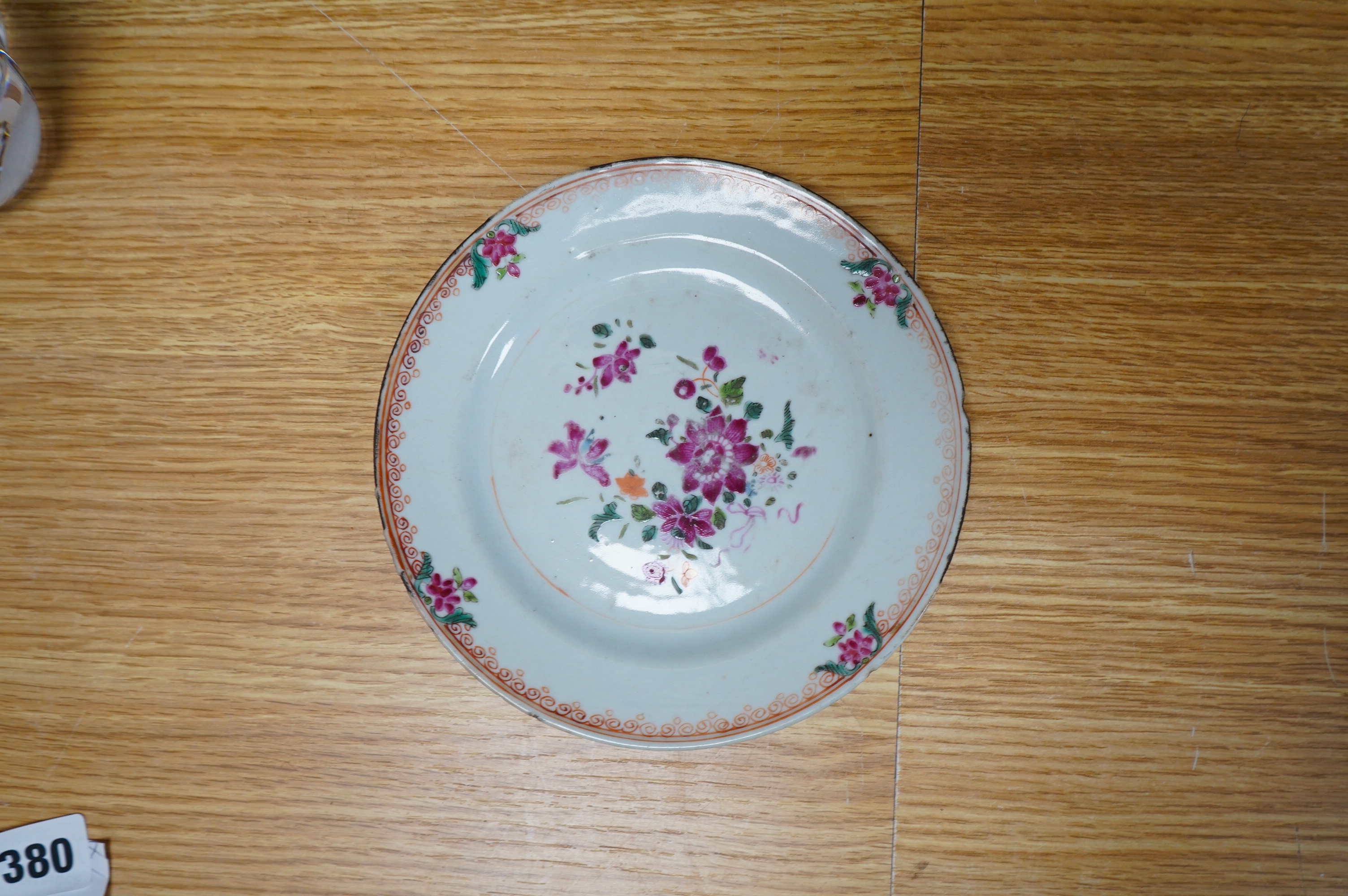 Three small 18th century Chinese export porcelain dishes, three bowls and a cup, largest 14cm. Condition - poor